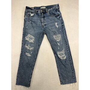 PacSun Vintage Loose Distressed Ripped Blue Denim Jeans Mens 32 Raw Hem
